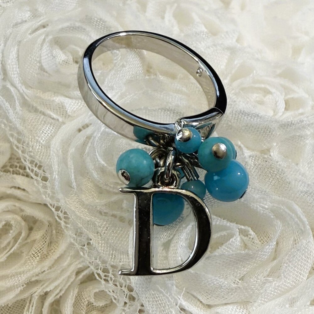 Dior Silver and Turquoise D Charm Ring